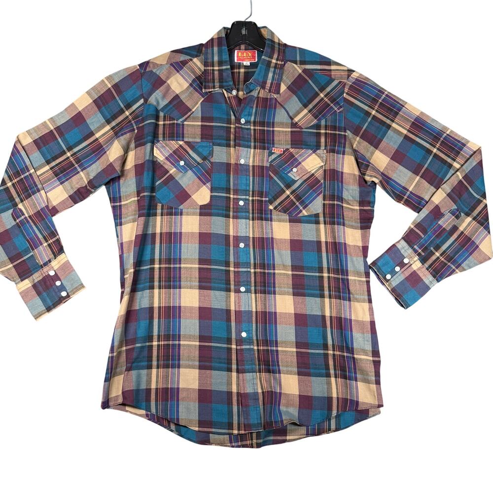 Vintage Ely Plains Western Pearl Snap Shirt Mens 16 34/35 Plaid Long Sleeve 9207
